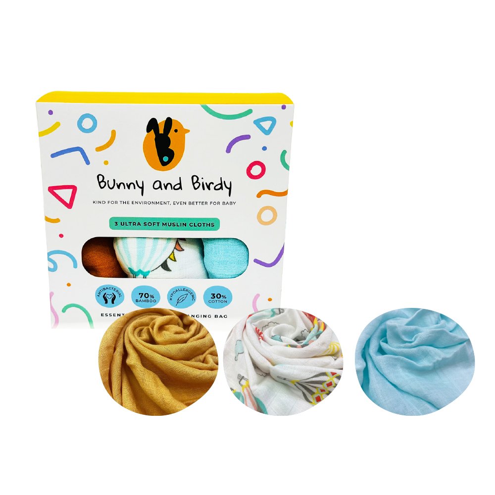 Bunny & Birdy 3 Ultra Soft Muslin Cloths 60cmx60cm